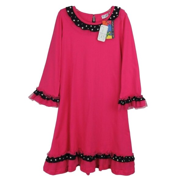 KoKo Nut Dress Girls Size 7 Pink Polka Dot Lace Trim Long Sleeve NWT - Picture 1 of 7